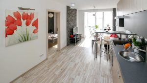 apartment cleanout of a clean new kitchen and dining area with light floors and walls and dark kitchen counters